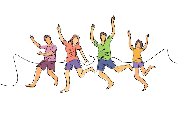 Vector eén lijntekening van een groep jonge, gelukkige mannen en vrouwen die samen springen en hun vakantie vieren
