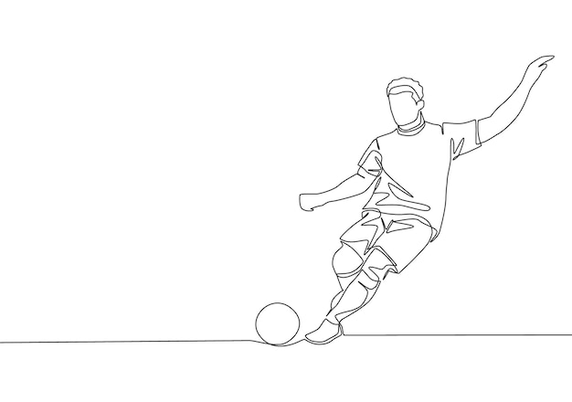 Een lijntekening van een jonge getalenteerde voetballer neemt een vrije trap Voetbalwedstrijd sportconcept