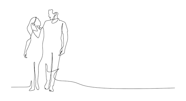 Een lijntekening van een paar wandelende recreatie romantische scène weergave vectorillustratie