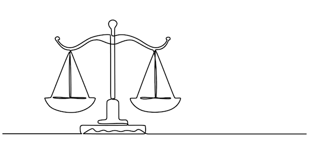 Een lijntekening van een rechtvaardigheidsschaal Minimalistische illustratie die gelijkheid en rechtvaardigheid vertegenwoordigt Een