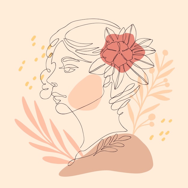 Eén lijntekening van het gezicht van de vrouw met bloemen Doorlopende lijntekeningen in elegante stijl voor print-tatoeage