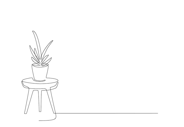 Een lijntekening van kamerplant bloem in pot op tafel doorlopende lijn handgetekende van meubels en bloem plant in vaas minimalistische vectorillustratie van plant bewerkbare lijn