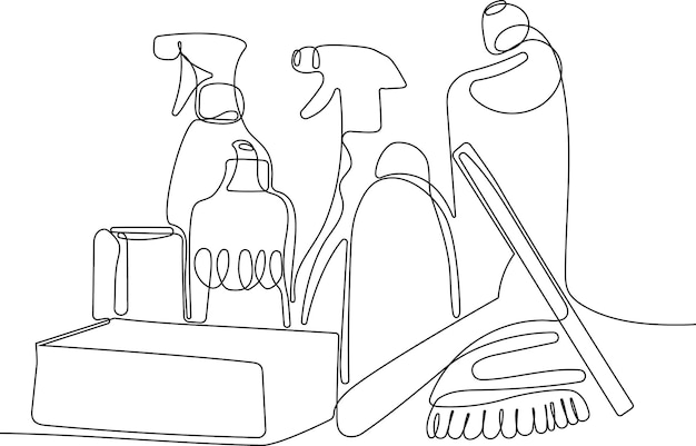 Een lijntekening van schoonmaakmiddelen waaronder een spuitfles, een borstel, een spuitfles en een spuitfles.