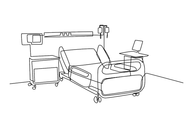 Eén lijntekening Ziekenhuiskamer interieur met bed en kliniekapparatuur Een leeg ziekenhuiskamerconcept Doorlopende lijntekening ontwerp grafische vectorillustratie
