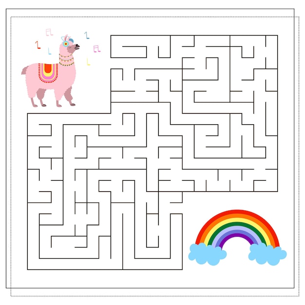 Een logisch spel voor kinderen helpt de lama om het doolhof te passeren en bij de regenboog te komen