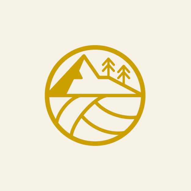 Een logo met een berg met bomen en een volleybal in de onderste helft van een cirkel