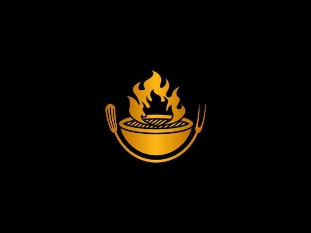 Een logo voor een bbq-grill met een vork en een mes erop