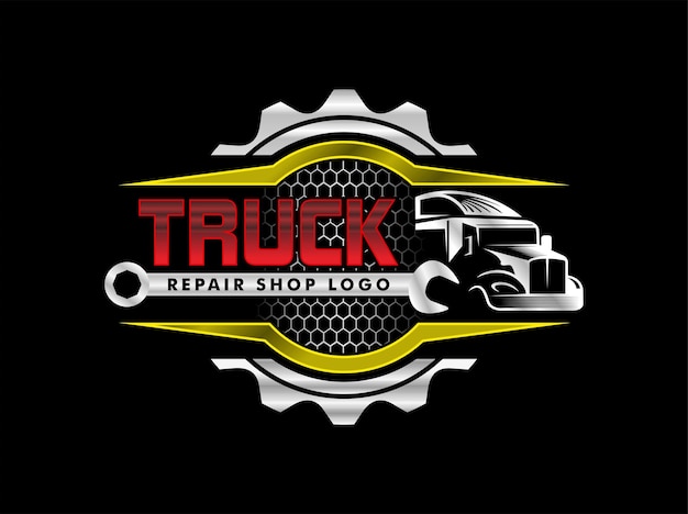 Een logo voor een reparatiewerkplaats met de tekst vrachtwagenreparatiewerkplaats Realistisch 3D met tandwielen en moersleutel