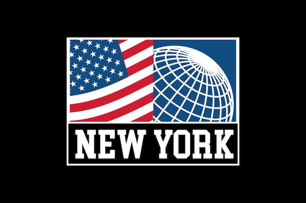 Een logo voor New York met een vlag en een wereldbol.