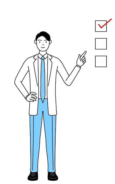 Een man arts in witte jassen die naar een checklist wijst
