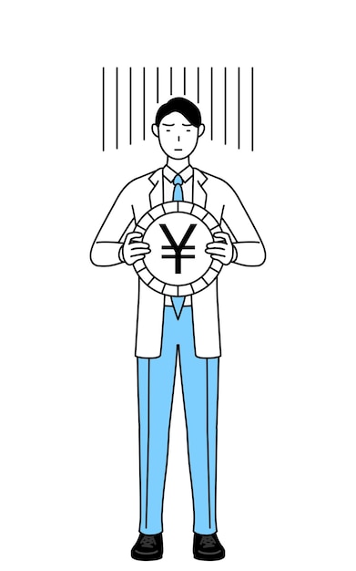 Een man arts in witte jassen een afbeelding van wisselkoersverlies of yen-waardevermindering