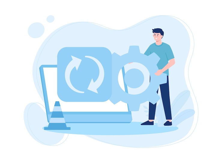 Vector een man controleert een apparaat voor reparaties trending concept flat illustratie