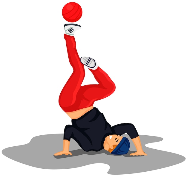 Vector een man die een handstand doet met een rode bal op zijn hoofd.
