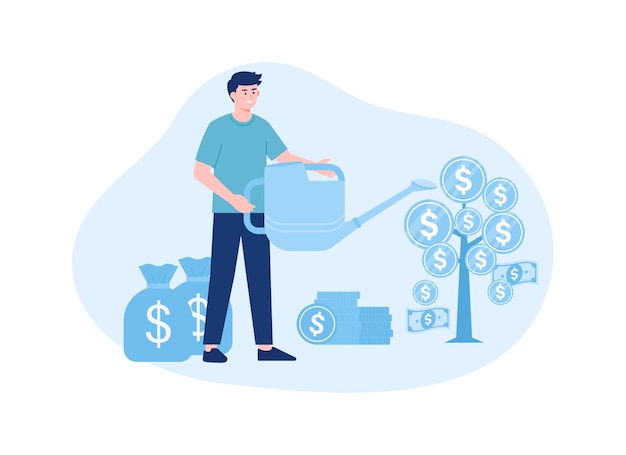 Een man die een muntboom water geeft met een zak geld concept vlakke afbeelding
