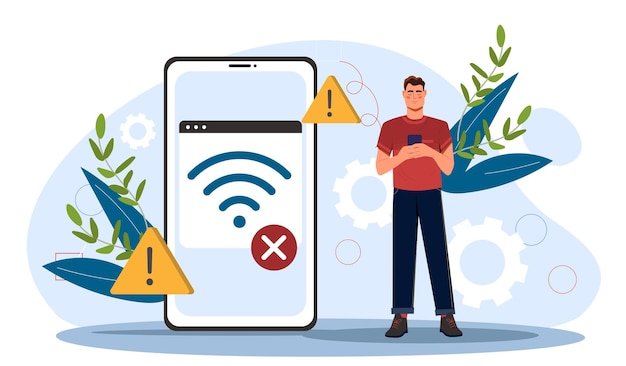 Een man die een telefoon gebruikt naast een gigantische smartphone met fouten iconen vector illustratie op een licht
