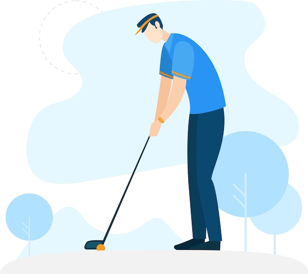 Een man die golf speelt, speelt golf met een blauw shirt aan.