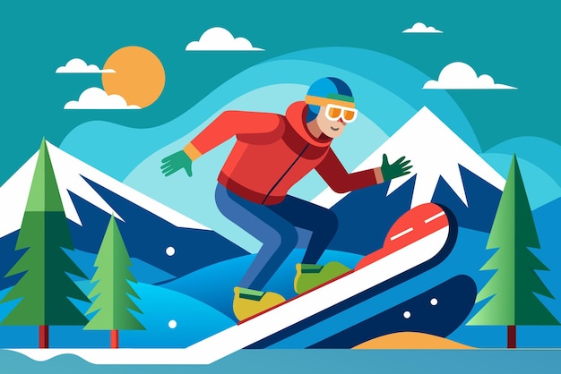 een man die op een snowboard rijdt met een berg op de achtergrond
