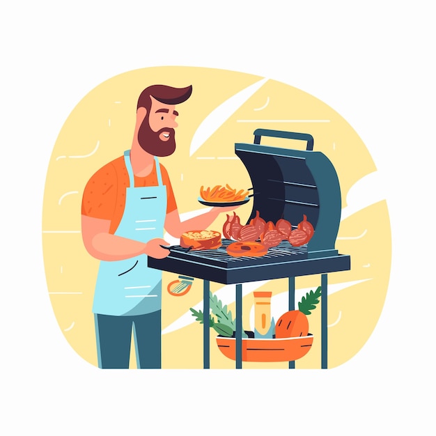 Vector een man die sappige steaks grilt op een barbecue met de vlammen en rook vector illustratie