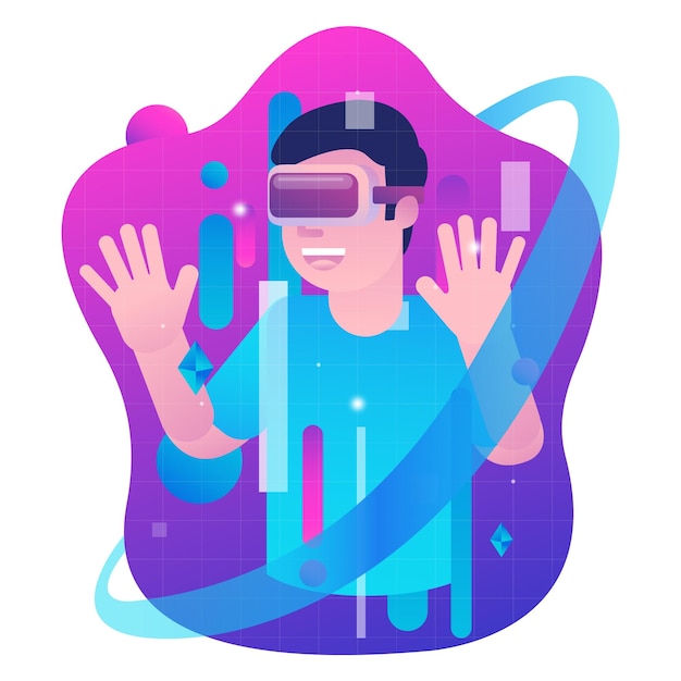 Een man die virtual reality gebruikt in een metaverse wereld