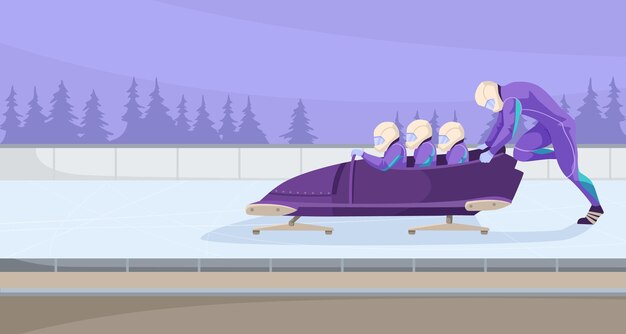 Een man duwt een bobteam op een baan die zich voorbereidt op een winterwedstrijd het slanke voertuig glijdt soepel langs het ijzige pad onder de open lucht vectorillustratie