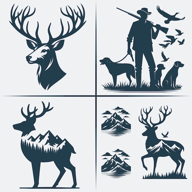 Vector een man en een hert met een hert hoofd en een man in een hoed en een hert op de achtergrond