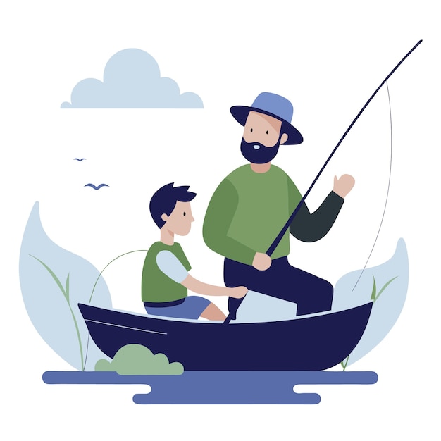 een man en een jongen in een boot met een vissersstok