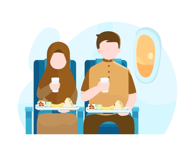 Een man en een vrouw eten in vliegtuig