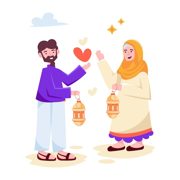 Een man en een vrouw houden lantaarns vast met een hart erop.