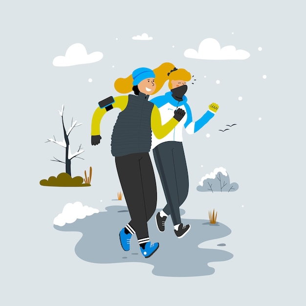 Een man en een vrouw rennen in het park Samen hardlopen Sporten in het koude seizoen