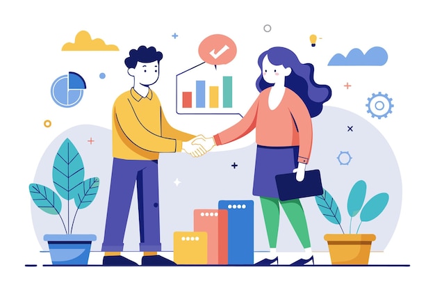 Een man en een vrouw schudden elkaar de hand over een grafiek in een professionele omgeving Twee mensen schudden handen met een data-analist Eenvoudige en minimalistische platte vectorillustratie
