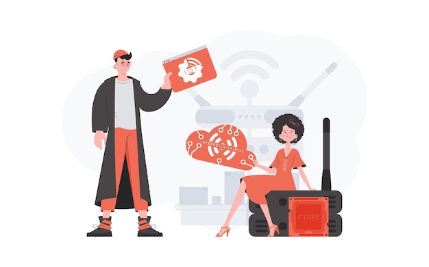 Een man en een vrouw zijn een team op het gebied van het internet der dingen Internet der dingen en automatiseringsconcept Goed voor websites en presentaties Vectorillustratie in vlakke stijl