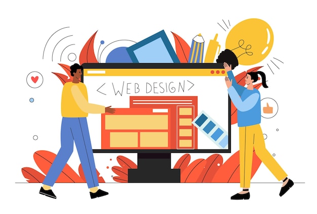 Een man en een vrouw zijn webdesigners Webdesign computermonitor Ontwerpelementen op een computer