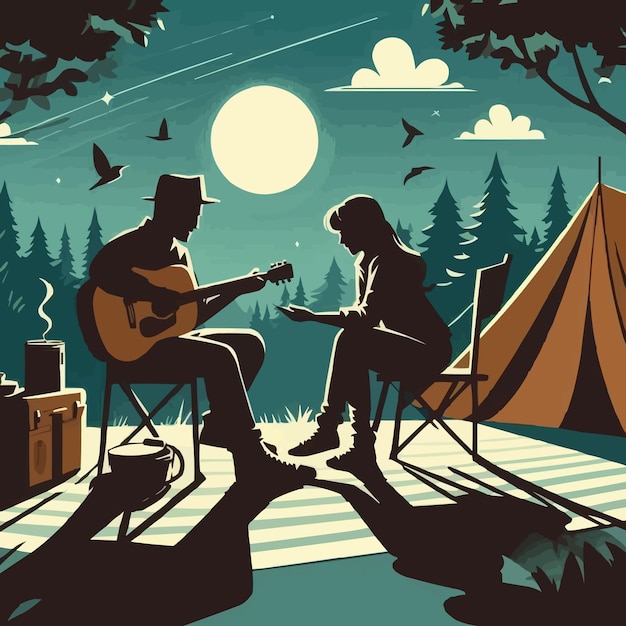 een man en een vrouw zitten in een tent met een gitaar en een gitaar