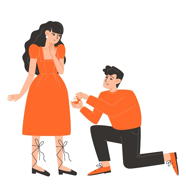 Een man gaat op één knie neer en stelt een vrouw ten huwelijk.