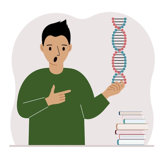 Een man heeft een DNA-model in zijn hand en er zijn veel boeken in de buurt