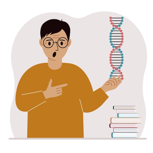 Een man heeft een DNA-model in zijn hand en er zijn veel boeken in de buurt