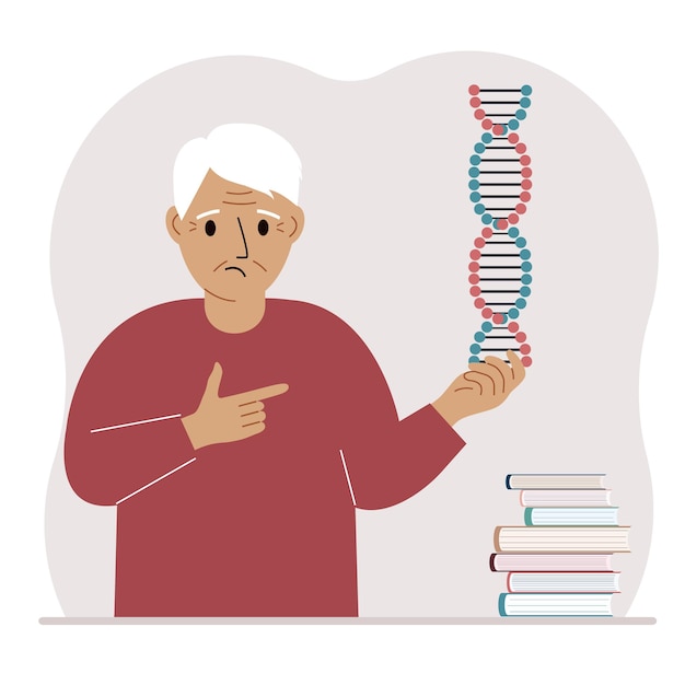 Een man heeft een DNA-model in zijn hand en er zijn veel boeken in de buurt