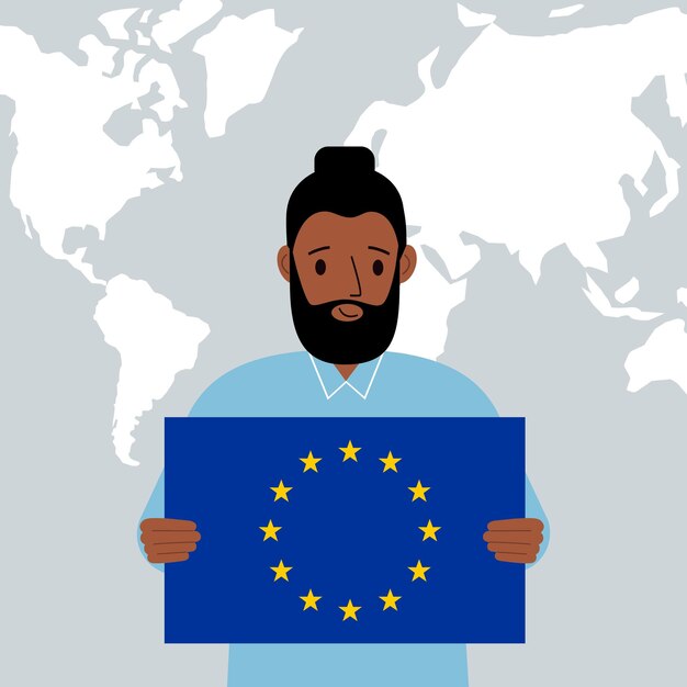 Vector een man houdt de vlag van de europese unie in zijn handen tegen de achtergrond van een wereldkaart