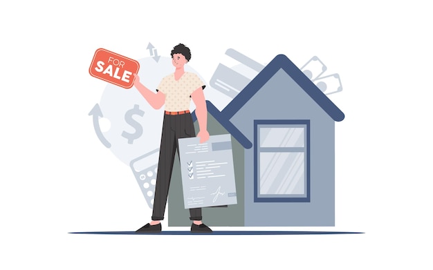 Vector een man houdt documenten en een bord in zijn handen te koop. het concept van het verkopen van een huis in trendy stijl. vectorillustratie