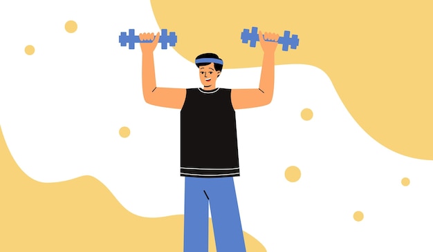 Vector een man houdt dumbbells in zijn handen een man doet aan sport oefeningen voor de handen