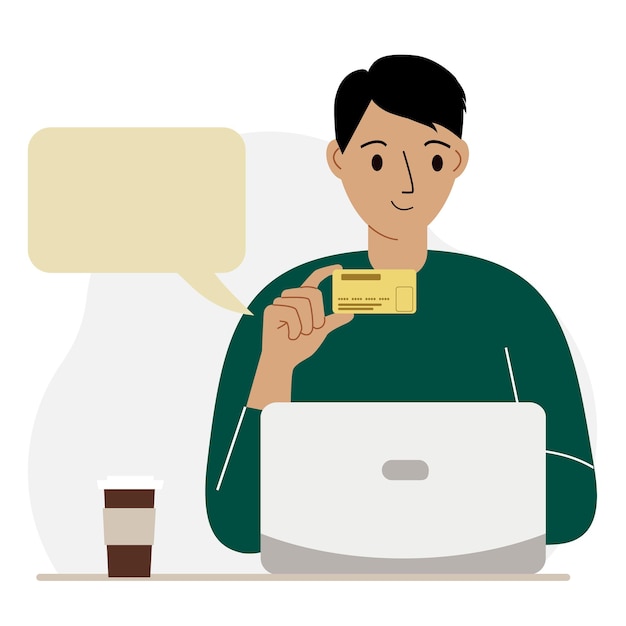 Een man houdt een bankkaart in haar hand. Concept van krediet, storting, betaling, debet online. Plaats voor de test. Platte vectorillustratie