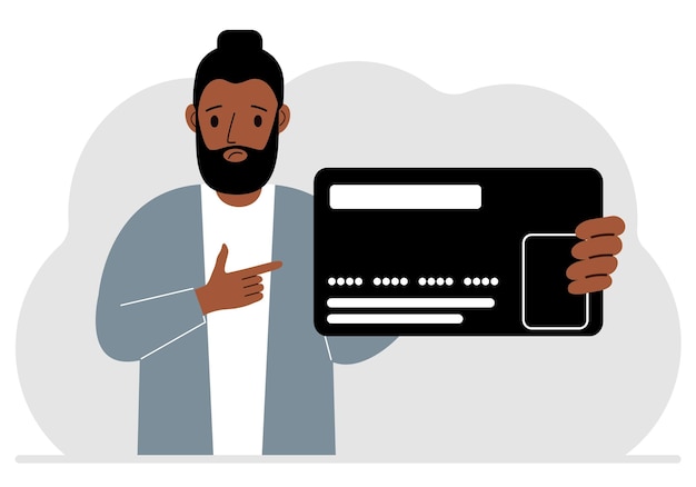 Een man houdt een grote plastic creditcard in zijn hand. Vectorillustratie