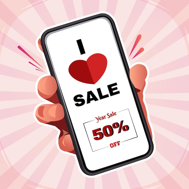 Een man houdt een hand-touchscreen-smartphone vast met I love sale-typografie