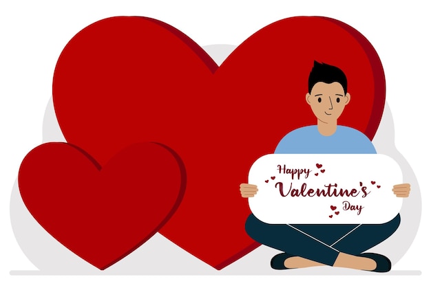 Vector een man houdt een happy valentines day-groet vast tegen een achtergrond van rode harten