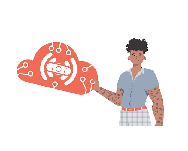 Een man houdt een IoT-pictogram in zijn handen Internet of things concept Geïsoleerde Trendy platte stijl Vector illustratie