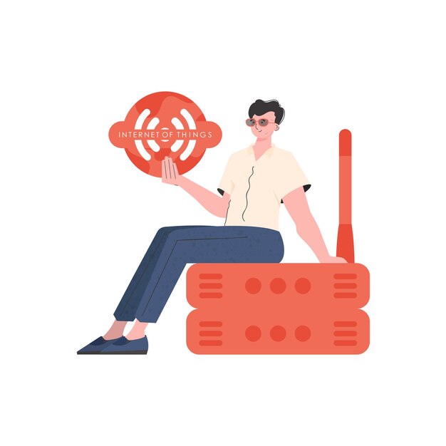 Een man houdt een pictogram van internetding in zijn handen Router en server IOT en automatiseringsconcept Geïsoleerde Trendy vlakke stijl Vector