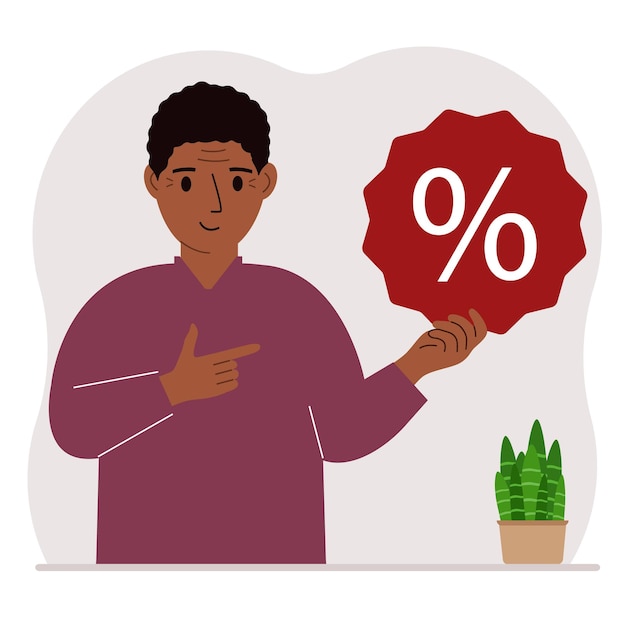 Een man houdt een procentteken in zijn hand Het concept van procentuele kortingspromotie rentepercentage korting bij het winkelen