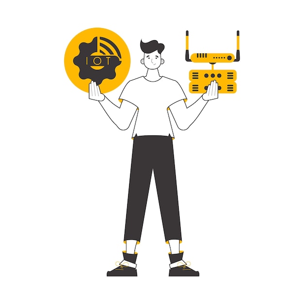Een man houdt het internet der dingen-logo in zijn handen Lineart stijl geïsoleerd op witte achtergrond vectorillustratie