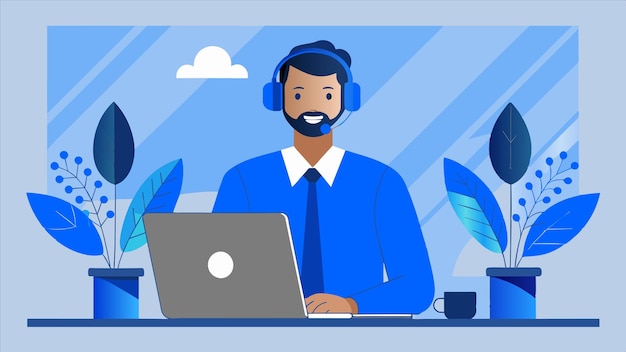 een man in een blauw shirt en koptelefoon zit aan een bureau met een laptop en een blauwe hemel op de achtergrond