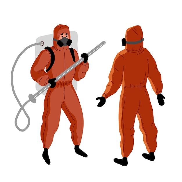 Een man in een chemisch beschermingspak. beschermende oranje jumpsuit. het desinfectiemiddel werkt op een witte b